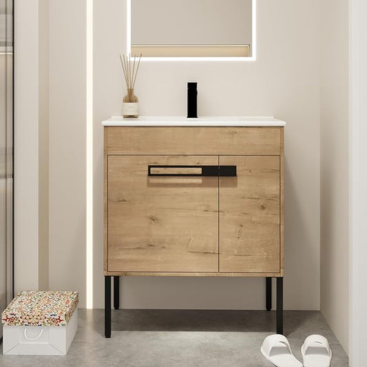 SSLine 2-in-1 Wall Mounted & Free Standing Bathroom Vanity with Sink Modern 30" Bathroom Vanity with Top Basin&Storage Cabinet Brown Oak Wood Bath Vanity w/Ceramic Sink for Small Space-Legs Removable