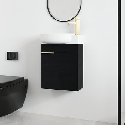 Malwee 16 Inch Floating Bathroom Vanity with Sink, 16'' Wall Mounted Single Sink Bathroom Vanity Combo, Modern Black Cabinet Set with 1 Soft Close Door and Ceramics Basin Top,MAF02916-BCT