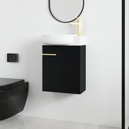 Malwee 16 Inch Floating Bathroom Vanity with Sink, 16'' Wall Mounted Single Sink Bathroom Vanity Combo, Modern Black Cabinet Set with 1 Soft Close Door and Ceramics Basin Top,MAF02916-BCT