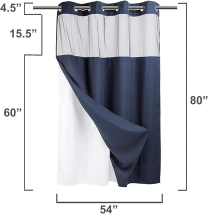 River Dream Heavyweight Waffle No Hook Shower Curtain with Liner,Navy,54x80 | Dotted Waffle,Snap-in Liner,Heavy Duty,Quick Dry,Mesh Top Window,With Bottom Magnets,Hotel-Grade,Washable,Stall Long Size