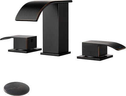 8 Inch Waterfall Bathroom Faucets 3 Hole - Oil Rubbed Bronze Widespread Bathroom Faucet with Pop-up Drain, Two Handles Bathroom Sink Faucet, Modern Vanity Sink faucets with Supply Lines