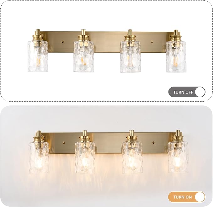 4 Light Bathroom Vanity Light Modern Brushed Gold Bathroom Light Fixtures Over Mirror with Hammered Glass Lampshade for Kitchen Hallway