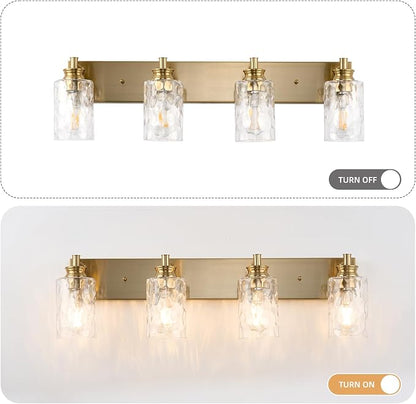 4 Light Bathroom Vanity Light Modern Brushed Gold Bathroom Light Fixtures Over Mirror with Hammered Glass Lampshade for Kitchen Hallway