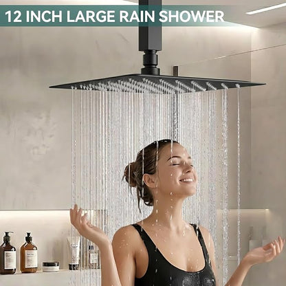 Shower System Shower Faucet Set, STARBATH 12" Ceiling Mount Rain Shower Head and Handheld Spray for Two Person, Rainfall Shower System with Diverter Valve and Trim Kit Complete，Matte Black