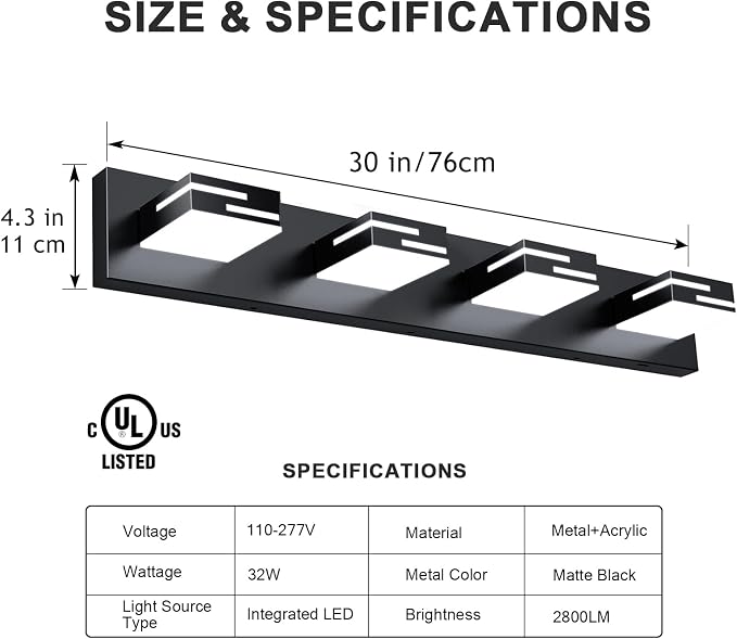 LED Modern Bathroom Vanity Light Fixtures, Dimmable Matte Black Vanity Lights for Bathroom Lighting Fixtures Over Mirror, with 360° Rotatable Acrylic Heads 4-Light 30-inch 5CCT
