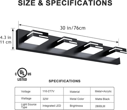 LED Modern Bathroom Vanity Light Fixtures, Dimmable Matte Black Vanity Lights for Bathroom Lighting Fixtures Over Mirror, with 360° Rotatable Acrylic Heads 4-Light 30-inch 5CCT