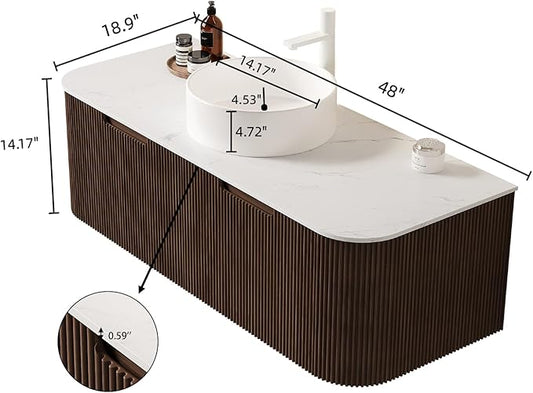 Yayzy 48" Floating Bathroom Vanity with Sink, Solid Wood Fluted Cabinet, White Round Ceramic Basin & Faux Marble Top, Soft-Close Drawer, Pre-Assembled, Walnut Woodgrain