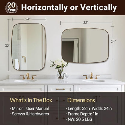 Bronze Bathroom Mirror, 24x32 Oblong Vanity Mirror with Stainless Steel Metal Frame, Oil Bronze Oval Mirror for Over Sink, Modern Anti Rust Wall Mounted