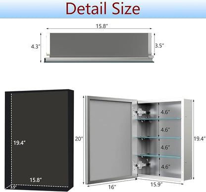 Bathroom Medicine Cabinet with Mirror, 16x20 Inch Small Mirror Cabinet, Assembly Needed, Aluminum Alloy Frame with Mirror, Surface or Recessed Medicine Cabinet with Removable Glass Shelves