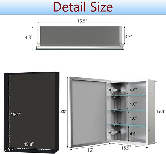Bathroom Medicine Cabinet with Mirror, 16x20 Inch Small Mirror Cabinet, Assembly Needed, Aluminum Alloy Frame with Mirror, Surface or Recessed Medicine Cabinet with Removable Glass Shelves
