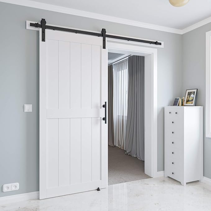 36 x80in MDF Sliding Barn Door with 6.6ft Barn Door Hardware Kit & Handle | White Solid Barn Door Slab Covered with Water-Proof PVC Surface, Pre-Drilled Holes Easy Assembly, H-Frame