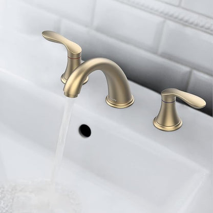GAOMON Bathroom Sink Faucet, Faucet for Bathroom Sink, Widespread Brushed Gold Bathroom Faucet 3 Hole with Stainless Steel Pop Up Drain and cUPC Lead-Free Hose - (Brushed Gold)