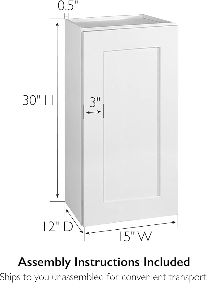 Design House Brookings Shaker Unassembled Wall Kitchen Cabinet W1530, 15 W x 12 D x 30 H, Painted White, Solid Wood, Design House, 561696