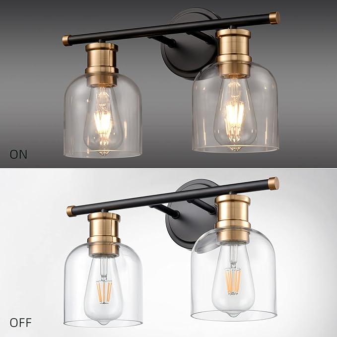 Modern Wall Sconce Lights 2 Lights Matte Black Bathroom Lighting with Clear Glass Shades Antique Brass Vintage Vanity Light Fixtures