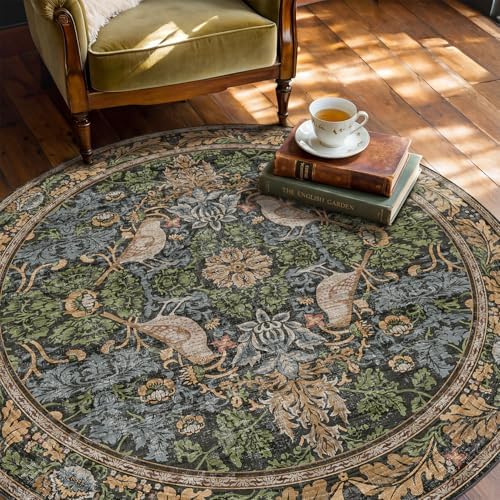 Hazo Haus Vintage 5ft Round Rug for Reading Corner, Bedroom, Farmhouse Dining Room, Soft Ultra-Thin Non-Slip Washable Rug, Forest Green Bird Floral Décor for Kitchen & Nursery