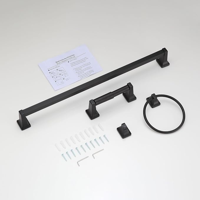 4 Pieces Bathroom Hardware Accessories Set, Stainless Steel 24 inch Towel Bar, Towel Rack, Robe Hook, Toilet Paper Holder for Bathroom Wall Mounted (Matte Black)