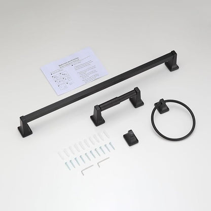 4 Pieces Bathroom Hardware Accessories Set, Stainless Steel 24 inch Towel Bar, Towel Rack, Robe Hook, Toilet Paper Holder for Bathroom Wall Mounted (Matte Black)