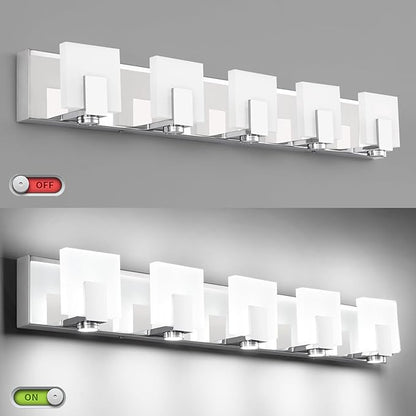 SOLFART Vanity Lights for Mirror LED Modern Gloss Chrome Bathroom Lighting Fixtures Over Mirror Dimmable 5 Lights