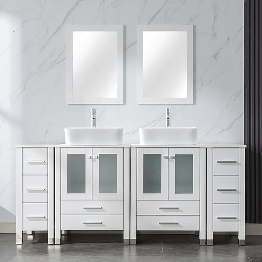 LUCKWIND 72" Double 24-in Bathroom Vanity with Sink Combo, Elegant Series with Two 12.6-in Side Cabinets, Painted Frame, Including White Rectangle Sinks, Faucets Without Mirrors, White