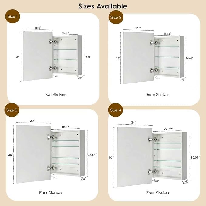 TEHOME 24'' x 30'' Brushed Gold Recessed and Surface Mount Bathroom Medicine Cabinet with Mirror Brushed Gold Square Cornered Metal Framed Rounded Rectangle Medicine Cabinet Mirror