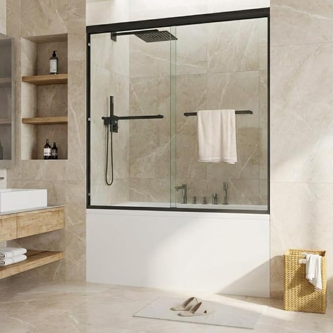 56-60" W x 59" H Semi-Frameless Double Sliding Shower Door, 1/4" (6mm) SGCC Tempered Glass with Easy-Clean Coating, Matte Black Finish Bypass Design for Bathtub/Shower Enclosure