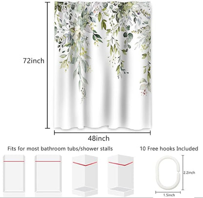 AWERT Small Stall Shower Curtain with Hooks Watercolor Plants Green Leaves 48x72 inch Half Size Shower Curtain for Bathroom/RV and Camper