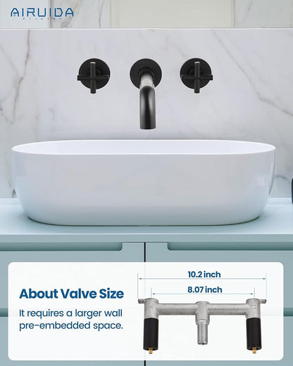 Airuida Solid Brass Matte Black Wall Mount Bathroom Faucet | 360° Swivel Spout,Rough in Valve,2 Cross Handle,3 Hole,Widespread