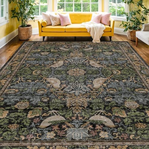 Hazo Haus Dark Living Room Rug 8x10 - Large Washable Vintage Floral Area Rugs for Dining Room, Bedroom, Traditional Antique Style, Birds and Leaves Nature Design, Non-Slip Low Pile (Dark Green/Brown)