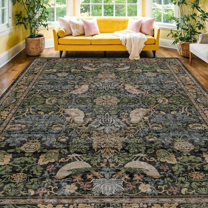 Hazo Haus Dark Living Room Rug 8x10 - Large Washable Vintage Floral Area Rugs for Dining Room, Bedroom, Traditional Antique Style, Birds and Leaves Nature Design, Non-Slip Low Pile (Dark Green/Brown)