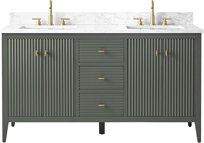 HOMEBEYOND 60" Bathroom Vanity with Double Sink, Solid Wood Bathroom Vanity Free-Standing Cabinet, Ceramic Top & Soft Closing Door, Golden Brushed Handware, Vintage Green