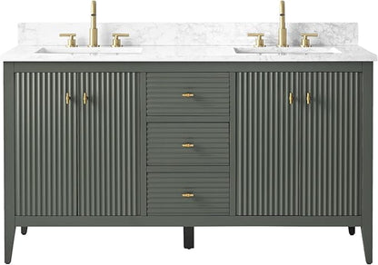 Vanity Art 60 inch Bathroom Vanity with Double Sink & Ceramic Top, Vanity Cabinet with Soft-Closing Door, Solid Wood Frame, Linear Pattern, Vintage Green, Golden Brushed Handware VA9160-DVG-GB