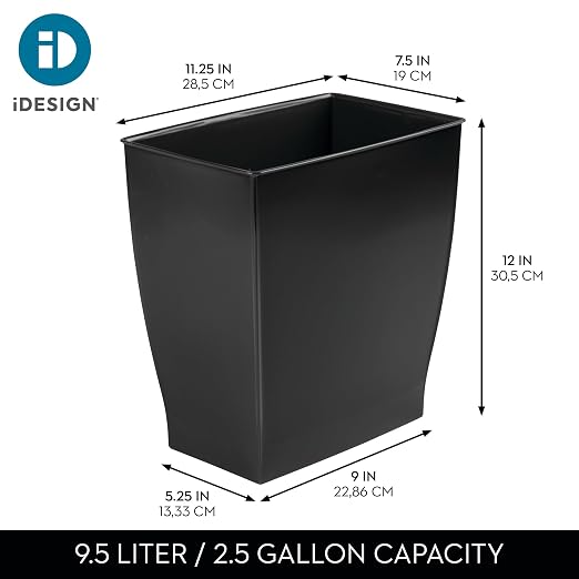 iDesign Small Plastic Bathroom Trash Can, Black | Slim Rectangle, For Bedroom, For Office, For Dorm