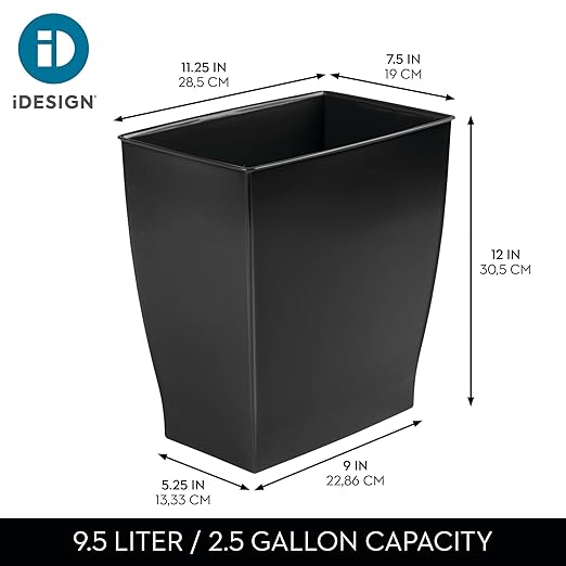 iDesign Small Plastic Bathroom Trash Can, Slim Rectangle, 2-Pack, Black | Garbage Bin for Bedroom, Office, Dorm