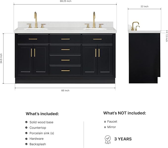 ARIEL Hepburn 66-inch Bathroom Vanity with Sink,Solid Wood, 1.5-inch Carrara White Quartz Countertop & Backsplash, Double Oval Porcelain Sink, 4 Soft Closing Doors, 6 Dovetail Drawers, Black