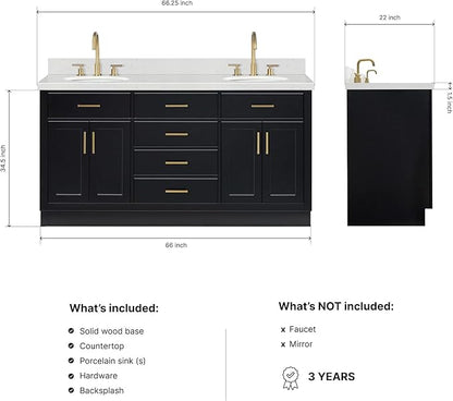 ARIEL Hepburn 66-inch Bathroom Vanity with Sink,Solid Wood, 1.5-inch Carrara White Quartz Countertop & Backsplash, Double Oval Porcelain Sink, 4 Soft Closing Doors, 6 Dovetail Drawers, Black