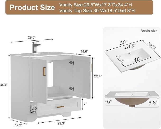 30 inch Bathroom Vanity with Sink, Modern White Vanity for Bathroom with Undermount Ceramic Sink, Freestanding 2-Door & 1-Drawer Storage Cabinet, for Small Bathroom Space, (White, 30")