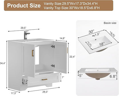 30 inch Bathroom Vanity with Sink, Modern White Vanity for Bathroom with Undermount Ceramic Sink, Freestanding 2-Door & 1-Drawer Storage Cabinet, for Small Bathroom Space, (White, 30")