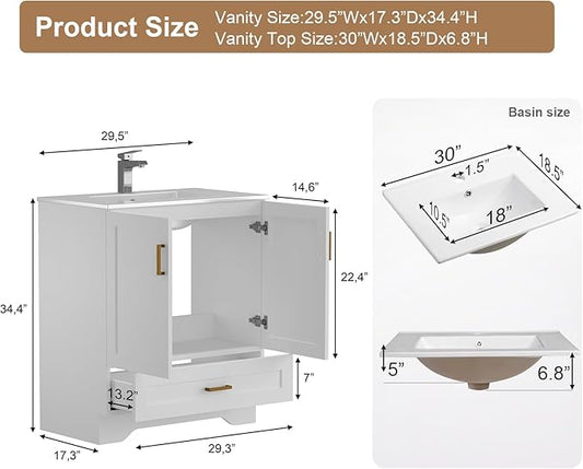 30 inch Bathroom Vanity with Sink, Modern White Vanity for Bathroom with Undermount Ceramic Sink, Freestanding 2-Door & 1-Drawer Storage Cabinet, for Small Bathroom Space, (White, 30")
