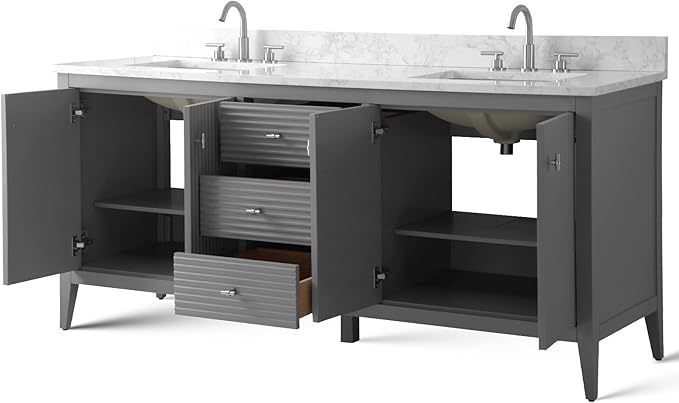Vanity Art 72 inch Bathroom Vanity with Double Sink & Ceramic Top, Vanity Cabinet with Soft-Closing Door, Solid Wood Frame, Linear Pattern, Cashmere Gray, VA9172-DG-MB,Matte Black Handles