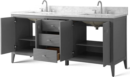 Vanity Art 72 inch Bathroom Vanity with Double Sink & Ceramic Top, Vanity Cabinet with Soft-Closing Door, Solid Wood Frame, Linear Pattern, Cashmere Gray, VA9172-DG-MB,Matte Black Handles