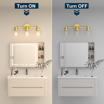Bathroom Vanity Light Fixtures, 3-Light Brushed Gold Wall Sconce with Clear Glass, Modern Vanity Lights Over Mirror for Bathroom, Kitchen, Living Room, Mirror, E26 Base(Bulbs Not Included)