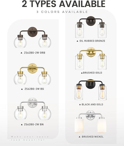 zeyu 2-Light Wall-Mount Vanity Light with Clear Globe Glass, ZS62BG-2W BN | Brushed Nickel Vanity Lighting, Hardwired, 2 E26 Bulbs Up To 60W Each, Clear Globe Glass Shades, For Bathroom Mirror