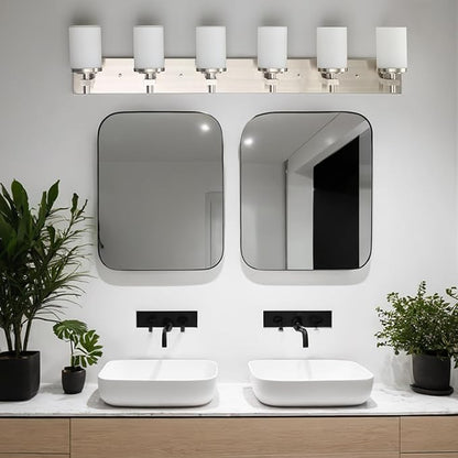 LOUSACE Bathroom Lighting Fixtures Over Mirror Brushed Nickel 6 Light Bathroom Vanity Lights with Opal White Glass Shades, Modern Vanity Wall Sconces Fixture for Bedroom Living Room