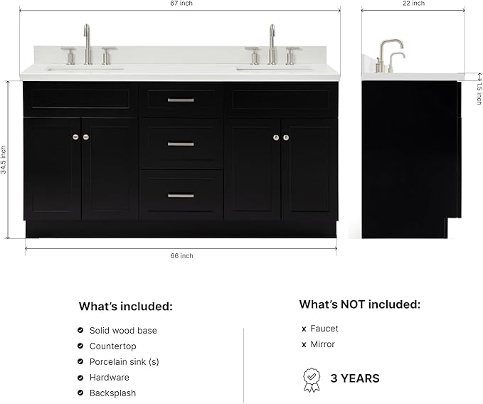 ARIEL Hamlet 66-inch Bathroom Vanity with Sink,Solid Wood, 1.5-inch Pure White Quartz Countertop & Backsplash, Double Rectangular Porcelain Sink, 4 Soft Closing Doors, 3 Dovetail Drawers, Black