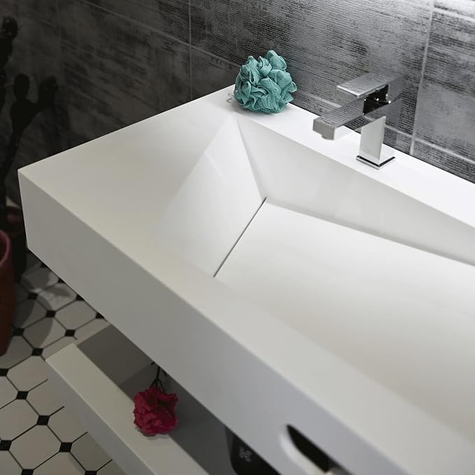 36"x19" Wall Mount Bathroom Vanity with Sink Stone Resin Floating Vanity Sink Rectangular Vessel Sinks for Bathroom White Trough with Shelf Layer (Mirror Not Included)
