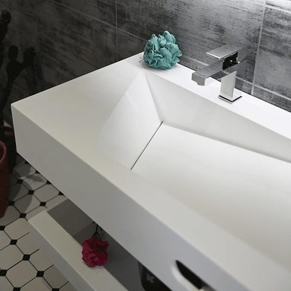 36"x19" Wall Mount Bathroom Vanity with Sink Stone Resin Floating Vanity Sink Rectangular Vessel Sinks for Bathroom White Trough with Shelf Layer (Mirror Not Included)