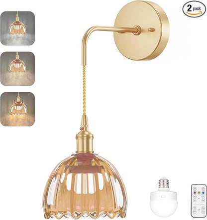 Battery Operated Wall Sconce CCT Dimmable Wireless Sconce, Vintage Light Fixture with Tulip Glass Lampshade Wall Decor for Living Room Bedroom Bedside 1PC Amber