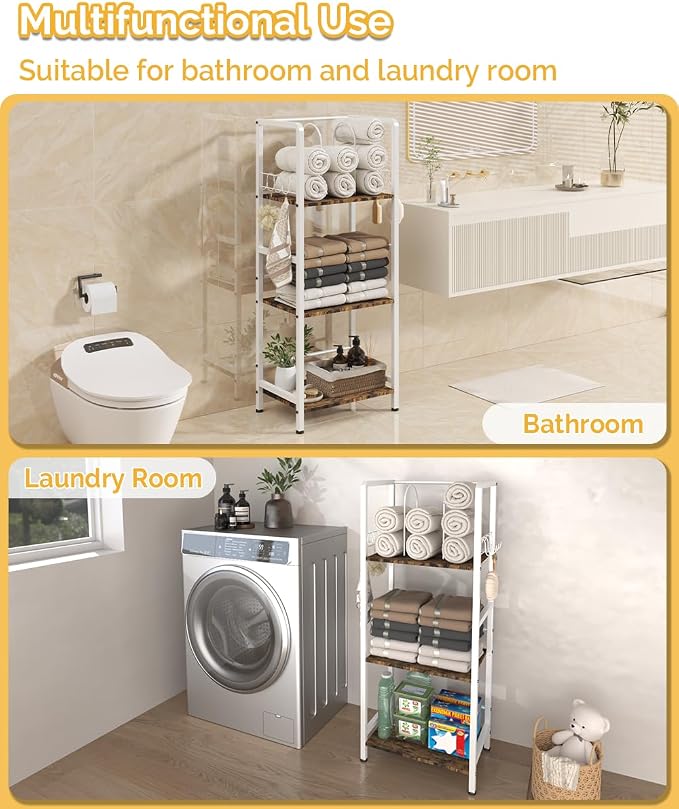 Mondazie Towel Racks for Bathroom Storage Shelves Free Standing, White | 3-Tier Bathroom Towel Rack with Detachable Dividers, Pool Towel Holder Stand with 8 Hooks, Bath Towel Organizer for Poolside