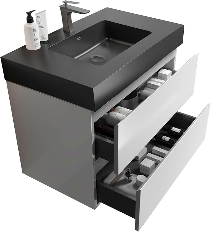 36" Floating Bathroom Vanity with Black Sink, Modern Bathroom Cabinet with Top and Soft Close Drawers, Spacious Storage for Small Space, White - Lavanda Collection