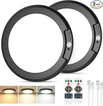 Rechargeable Motion Sensor Ceiling Light, Battery Operated Closet Light | Wireless Battery Powered LED Shower Light, Magnetic Cordless Ceiling Light with Remote, Overhead Lamp for Pantry,Black,2-Pack